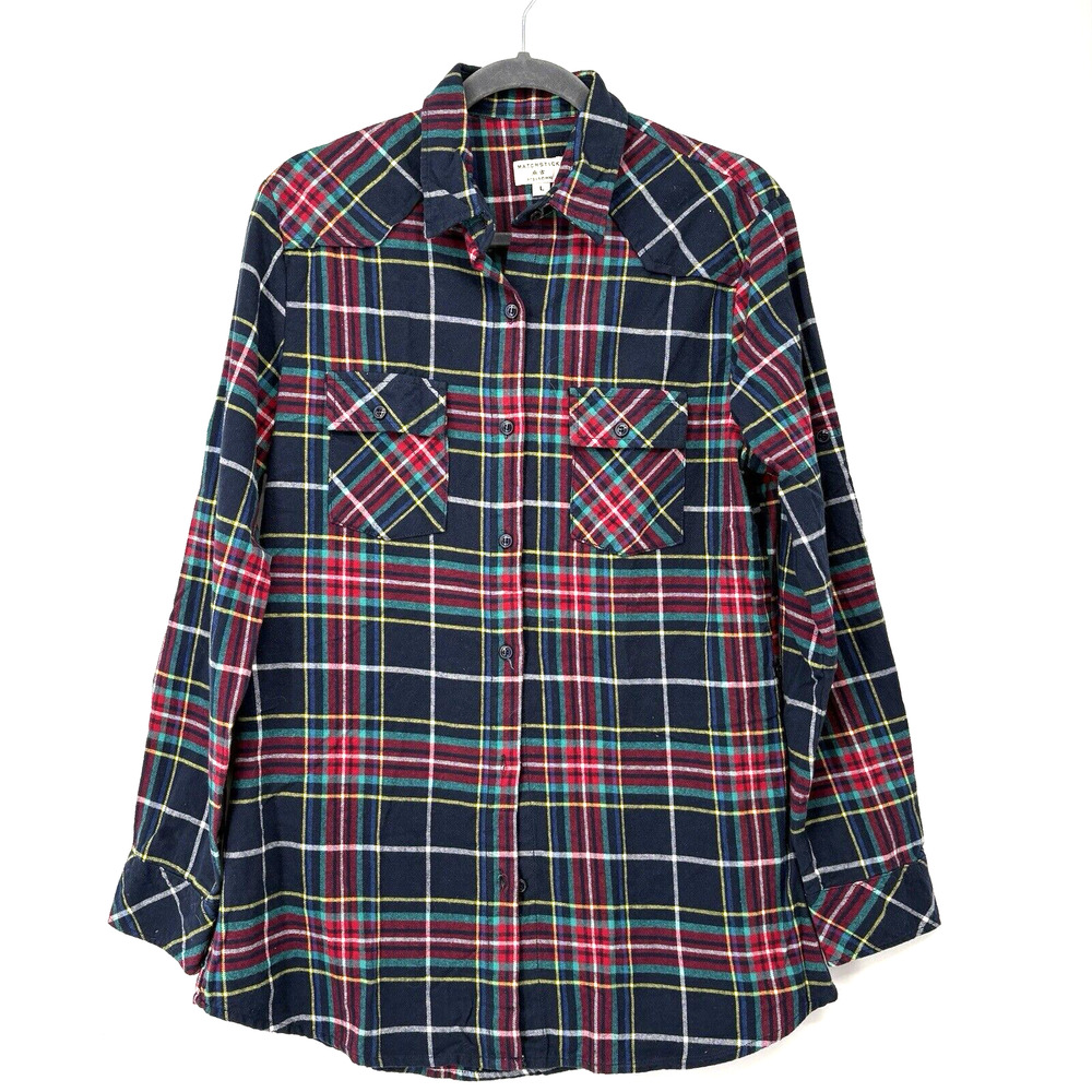 Matchstick Plaid Flannel Shirt Womens Large Roll Tab Sleeve & Bottom Button